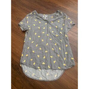 Christopher & Banks Women Size S Black/White Gingham Lemon Print Popover Blouse